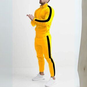 Men's Yellow & Black Side Stripe Zip Up Top & Pants Athletic Outfit